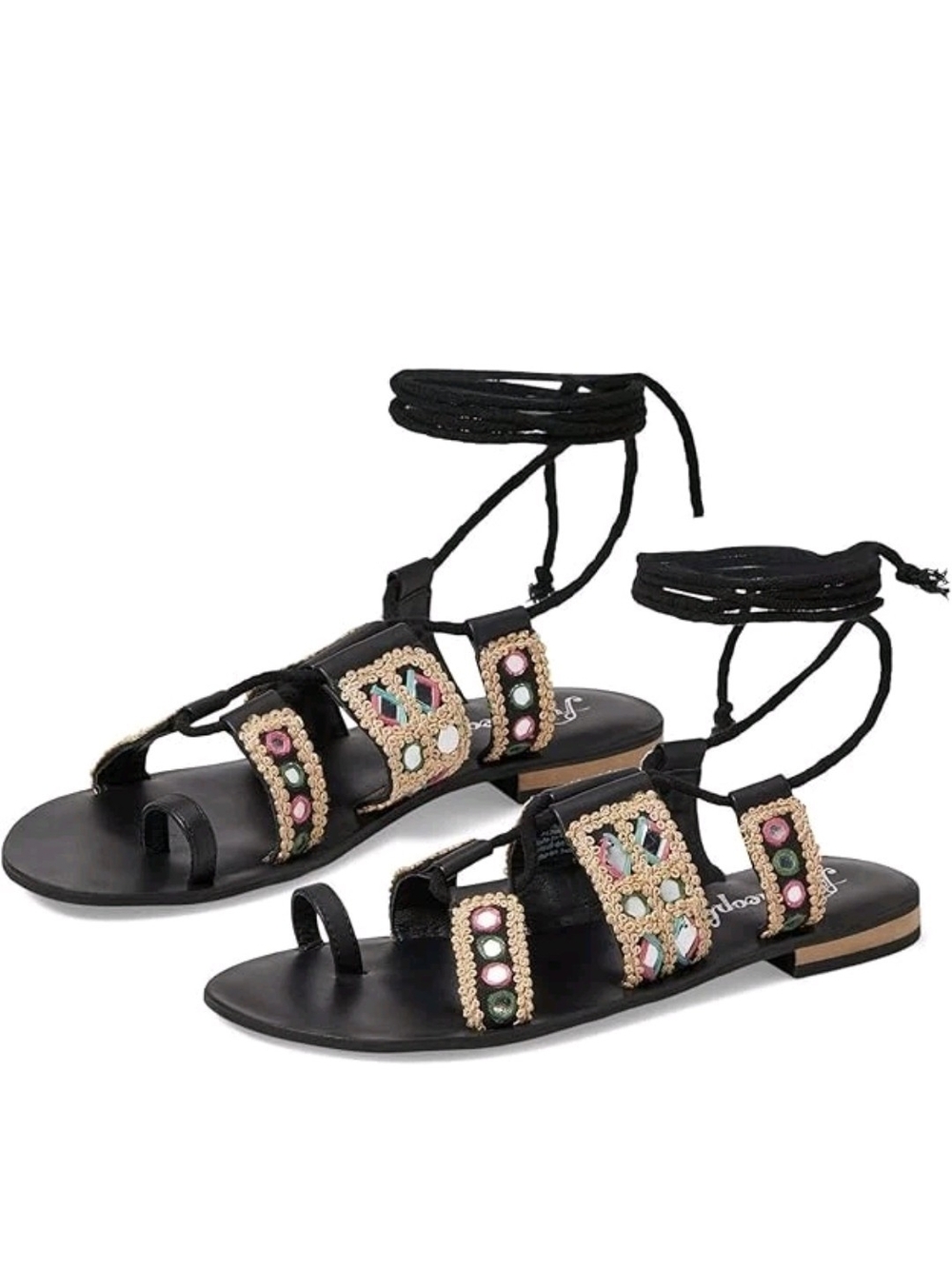 Free People Mantra Mirror Lace-Up Flat Sandals, Black - Size 7-7.5, BOHO